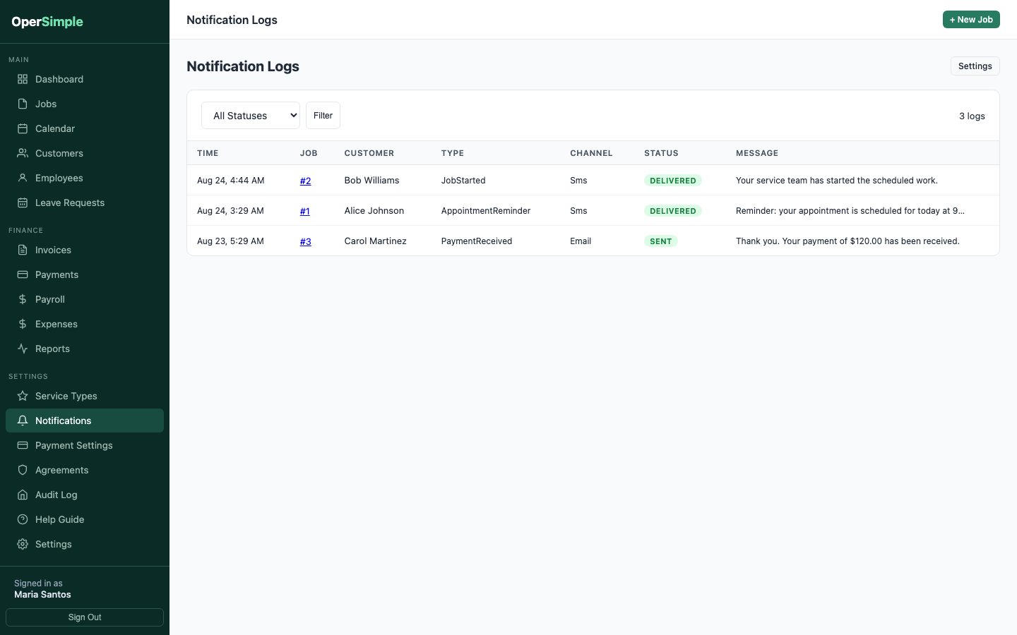 OperSimple communication history showing customer updates and delivery statuses