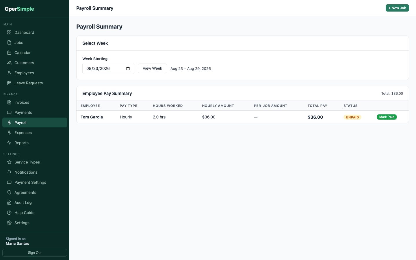 OperSimple payroll summary showing employee hours, calculated pay, and payment status