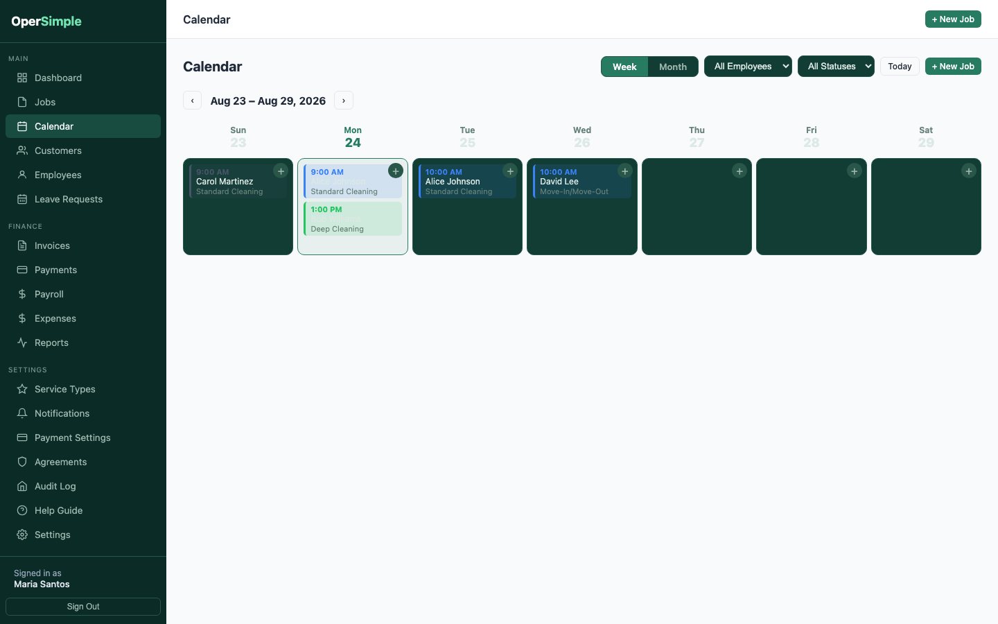 OperSimple weekly calendar showing scheduled jobs, assignments, and status filters
